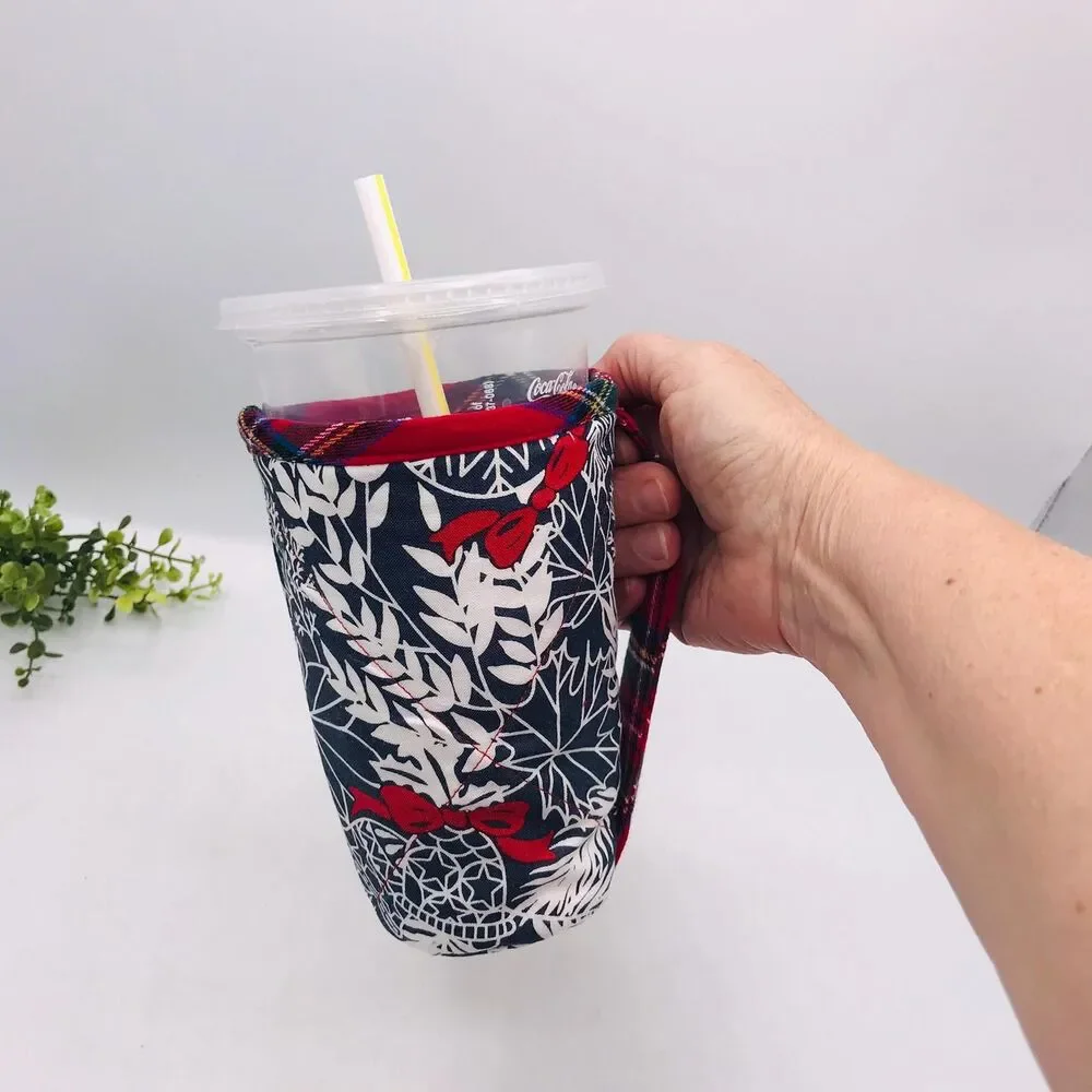 Drink Coozie w Handle Hot Cold Insulated Christmas Navy, Red, Plaid, Pinecones